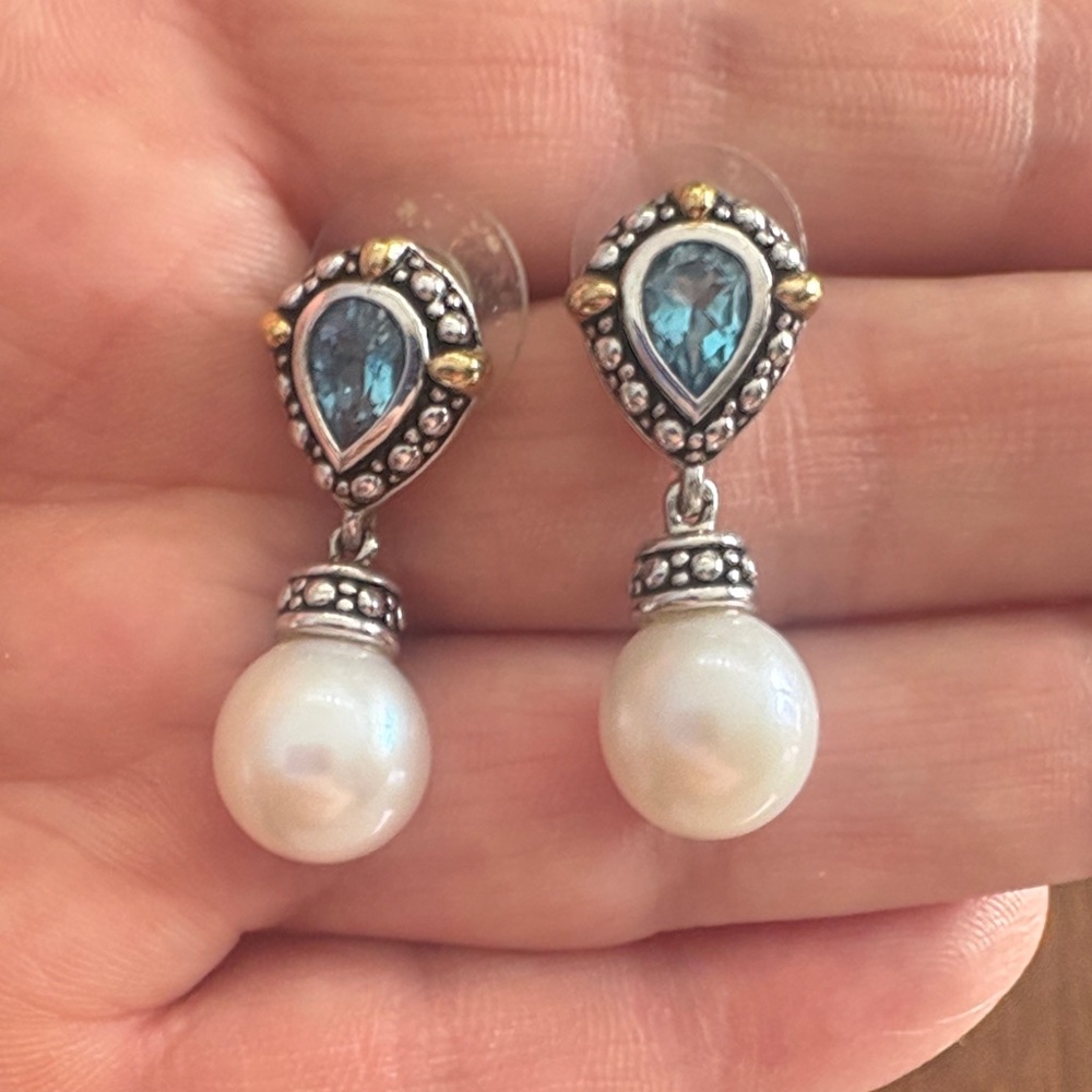 EFFY 925 Silver and 18K gold blue topaz and pearl drop earrings